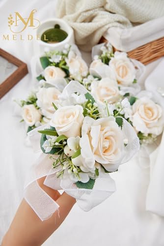 Meldel Champagne Wrist Corsage for Bride Bridesmaid Wedding,Set of 6, Romantic Artificial Rose Pearls Wristband Wrist Flow...