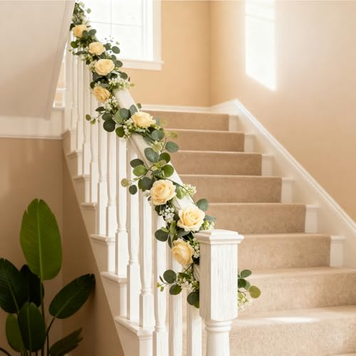 Solivya 2 Pack 5.9 FT Artificial Flower Garland with Lights, Fake Floral Garland with 12 Roses, White Flower Decorations f...