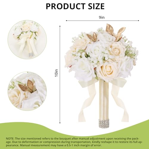 Qeedy Wedding Bouquets for Bride - Realistic Silk Flowers Artificial Roses, 9 Inch Bridesmaid Bouquet for Ceremony, Churc...