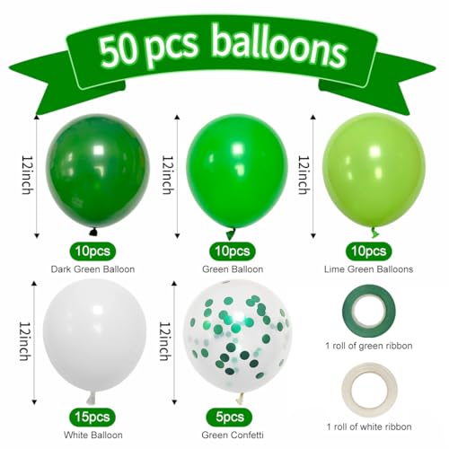 Green Balloons Dark Green Balloon Set, 50 Pcs 12 inch Different Shades Emerald Green Lime Green Confetti Latex Balloons Fo...