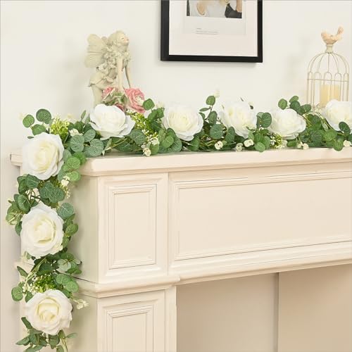 Dolicer 4Pcs 26Ft Artificial Eucalyptus Garlands with Flowers - 8 Roses, Faux Floral Greenery Garlands Fake Flowers Vines ...