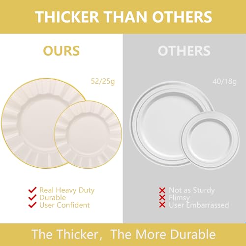 ISFANGCO 102Pcs Ivory White Plastic Plates with Gold Trim, Heavy Duty Wedding Plates, Elegant Disposable Plate Sets includ...