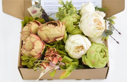 FiveSeasonStuff Rustic Brown, Beige & Green Artificial Peony Bouquets, 2 Silk Flower Bundles with Hydrangeas for Wedding &...