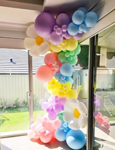 Haolongfa Daisy Balloon Arch Garland Kit - 131 Pcs Pastel Rainbow balloon arch kit with Daisy Balloons, for Birthday Part...