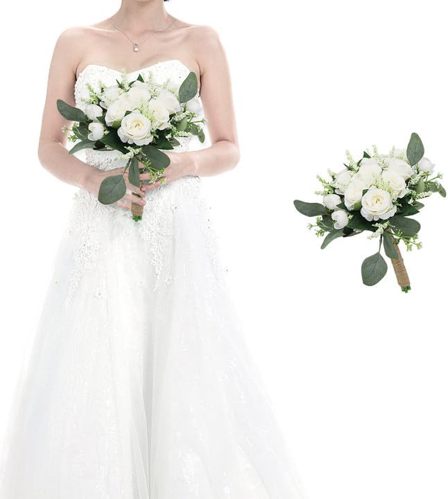 HOMENERGY Bridesmaid Bouquets for Wedding 1 Pack - Pre-Made Artificial Ivory Bouquet Flower Girls Bridal Small Floral for ...