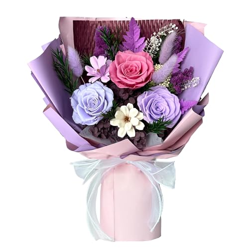 Cyrabota Purple Preserved Roses Bouquet with Vase - Real Forever Roses (Last 1-3 Yrs), Preserved Flowers Bouquet Christmas...