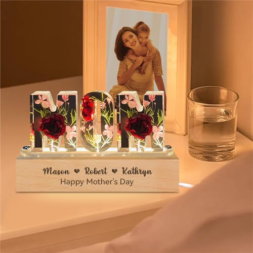 Smallduuck Personalized Grandma Resin Flower Lamp Custom Resin Letter Lights with 1-15 Name Epoxy Resin Night Light Dry Fl...