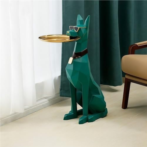 Resin Dog Statue with Tray, Standing Animal Sculpture End Table, Modern Accent Table/Coffee Tables for Living Room Bedroo...