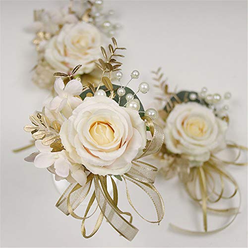 USIX 2pc Pack-Handmade Men's Lapel Pin Champagne Ivory Rose with Gold Leaves Ribbons Artificial Pearls Boutonniere Pin for...