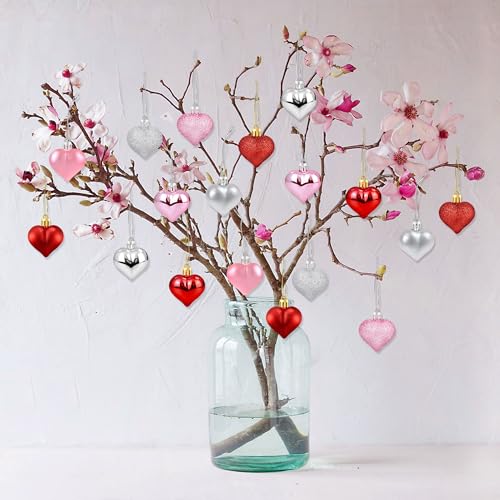 36Pcs Valentines Heart Shaped Ornaments - Valentines Heart Decorations - Red Pink Silver Glitter Heart Shaped Baubles - Ro...