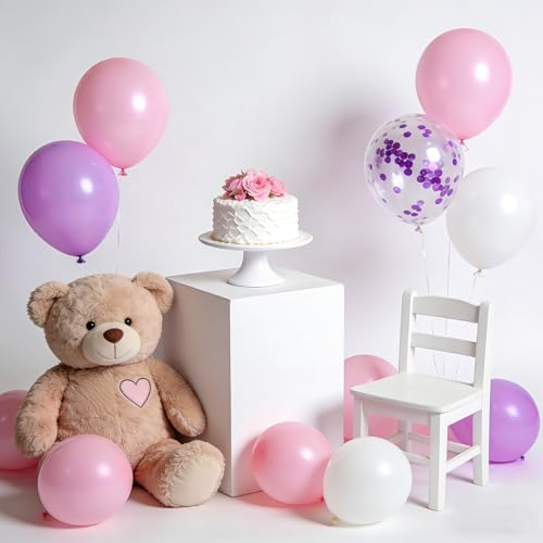 Danadia 32PCS Pink Balloons Set, 12 Inch Purple Pink White Latex Balloons with 9 Inch Purple Confetti Balloons for Girls' ...