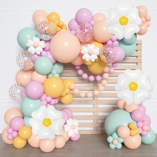 168Pcs Daisy Balloon Arch Garland Kit, Pastel Blue Orange Yellow Purple Confetti Daisy Wild Flower Balloons for Boho Two G...