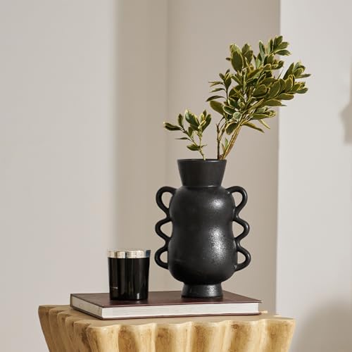 DN DECONATION Black Ceramic Vase Home Decor with Wave Handles, 10'' Tall Rustic Farmhouse Flower Vase for Table Centerpiec...