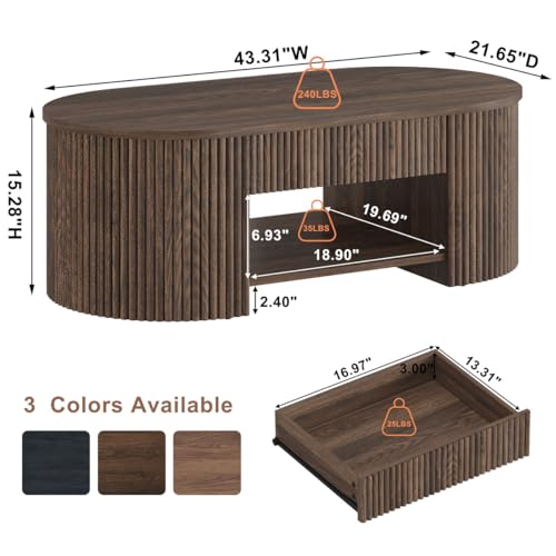 FATORRI Coffee Table with Storage, Mid Century Modern Wood Fluted Center Table with Shelf, Oval Coffee Tables with Drawer...