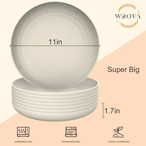 Wrova Large Wheat Straw Dinner Plates - 11 Inch Set of 8 - Unbreakable, Dishwasher & Microwave Safe - Deep Edge for Kitche...