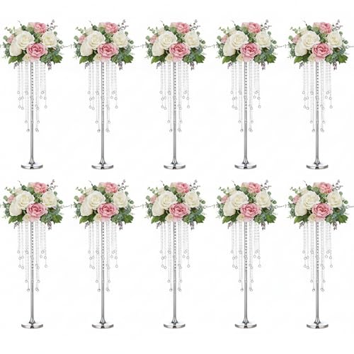 29.5" Tall Flower Stands for Wedding Centerpieces, Set of 10 Silver Metal Flower Candle Holders, Elegant Vases with Chande...
