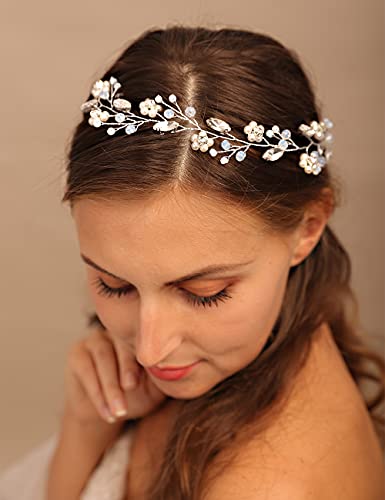 YERTTER Bridal Flower Pearl Headband Wedding Crystal Floral Headband Beads Opal Hair Band Crystal Vine Rhinestone Headband...