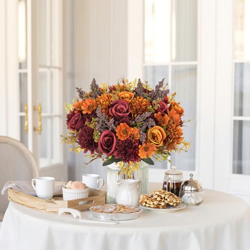 Dremisland Artificial Flowers Like Real Artificial Bouquet 2 Packs Silk Artificial Roses Bouquet with Daisy Chrysanthemum ...