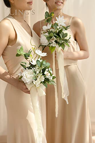 Ling's moment Artificial Bridesmaid Bouquets Set of 4,White Wedding Flower Bouquets Sage Floral Bouquet Bridal Bouquets wi...