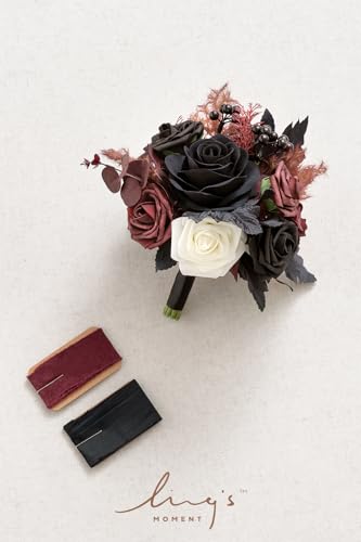 Ling's moment Black Artificial Wedding Flower Bouquets for Bridesmaids Burgundy Floral Bouquet Mashala Bridesmaid Bouquets...