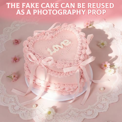 7 Inch Pink Bow Fake Cake, Heart Shaped Artificial Birthday Cake with Pearls and Love Word, Faux Bakery Display Cake Model...