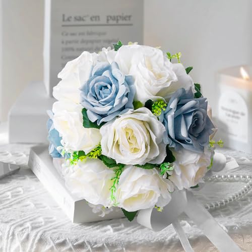 Qeedy Wedding Bouquets for Bride & Bridesmaid - Realistic Silk Flowers Artificial Roses, 8 Inch Bridesmaid Bouquet for Cer...