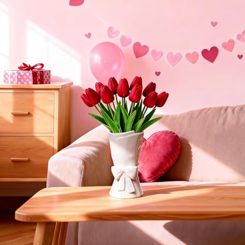 Relexome Fully Glazed White Ceramic Bow Vase 9.64 in Unique Cute Modern Decorative Bouquet Flower Vases for Home Living Ro...