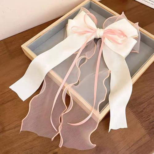 FRUZJAY Large Hair Bows Clips for Women Pink White Hair Bows Elegant Long Tail Bowknot Hairpins Spring Summer Hair Barrett...