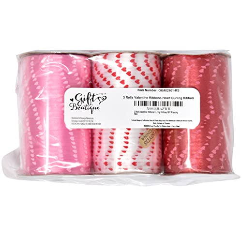 Gift Boutique 450 Yards Valentine Ribbons Heart Curling Ribbon 3 Rolls 150 Yard Per Roll; Pink Red White Hearts Valentine'...