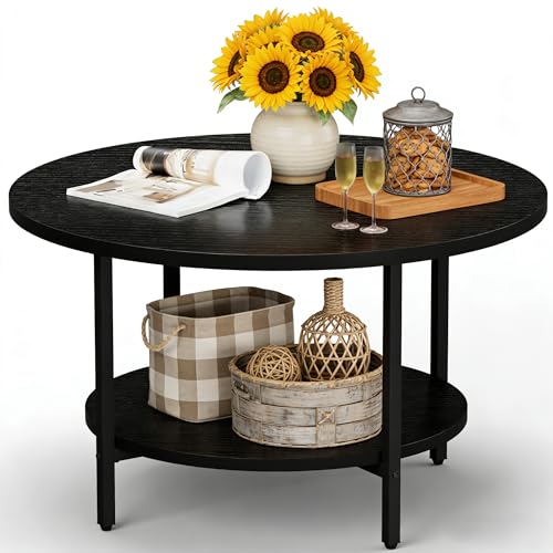 FAMIDGE Coffee Table, 27.6“ Circle Coffee Tables for Living Room, 2 Tier Round Coffee Table with Storage, Wood Accent Cent...