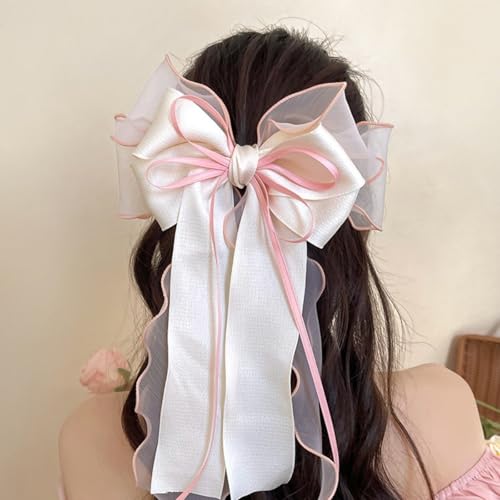 FRUZJAY Large Hair Bows Clips for Women Pink White Hair Bows Elegant Long Tail Bowknot Hairpins Spring Summer Hair Barrett...