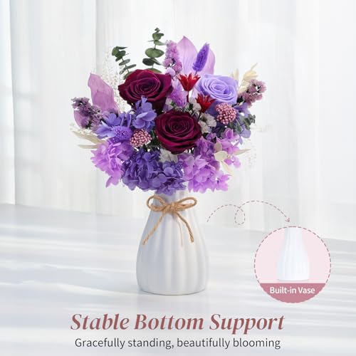 Lewondr Flower for Delivery, Preserved Flowers Bouquet, Purple Roses Bouquet, Real Long-Lasting Forever Birthday Flowers G...