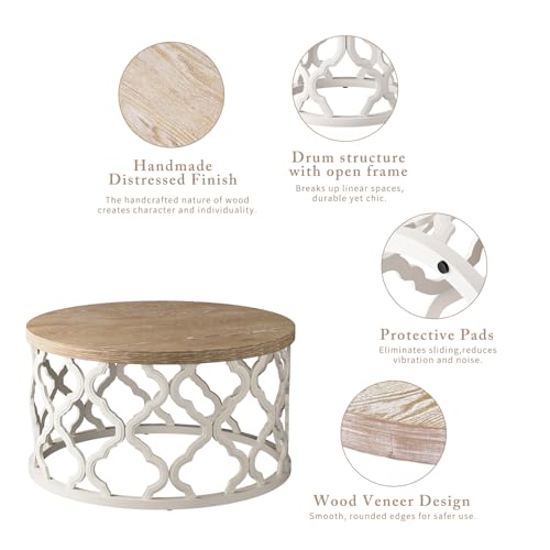 karlott Farmhouse Coffee Table, French Country Round Coffee Table, Coastal Coffee Tables with Distressed Top, Boho Center ...