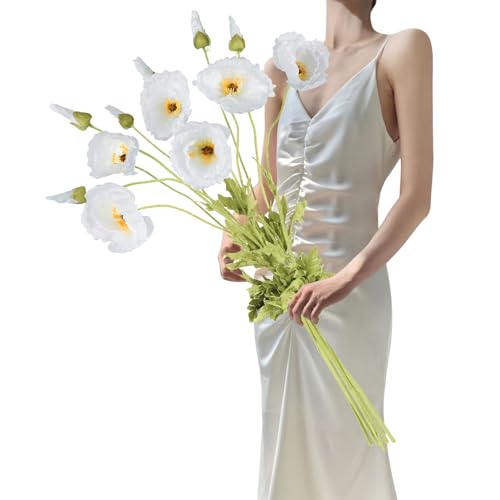 IPOPU 43.3" White Poppy Flowers Artificial Flowers 6pcs Fake Silk Poppies Long Stem Artificial Flowers for Tall Vase for W...