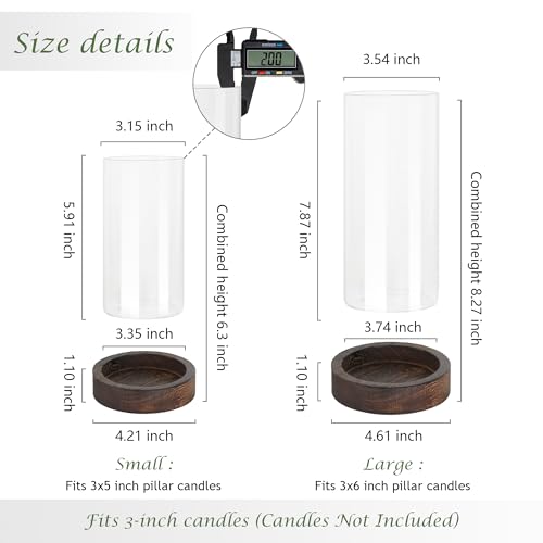 Ronasip Set of 2 Hurricane Candle Holders with Wood Base & Glass Cylinder (4.2x5.9” & 4.6x7.8”) – Rustic Wooden Candle Hol...