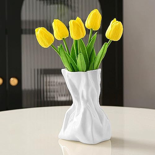 Paper Bag Vase for Flower, Unique Crinkle Design White Ceramic Vase, Flower Vase for Aesthetic Home Decor, Wedding Dinner ...