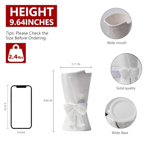 Relexome Fully Glazed White Ceramic Bow Vase 9.64 in Unique Cute Modern Decorative Bouquet Flower Vases for Home Living Ro...