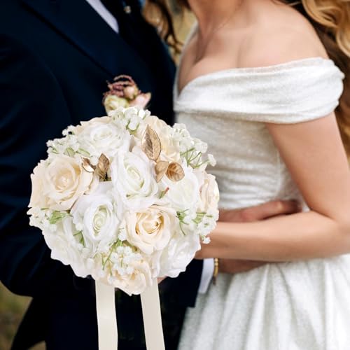 Qeedy Wedding Bouquets for Bride - Realistic Silk Flowers Artificial Roses, 9 Inch Bridesmaid Bouquet for Ceremony, Churc...