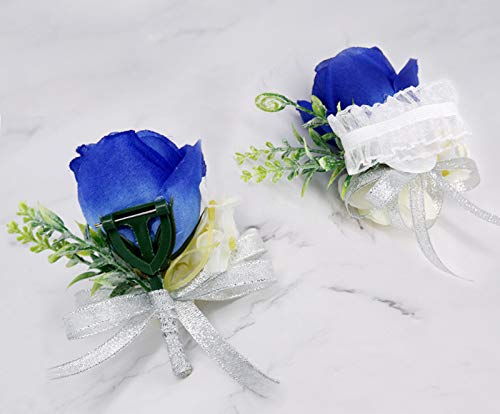 ChezMax Rose Boutonniere Handmade Flower Artificial Corsage with Clip and Ribbon 4 PCS for Bride Groom Wedding Prom Party
