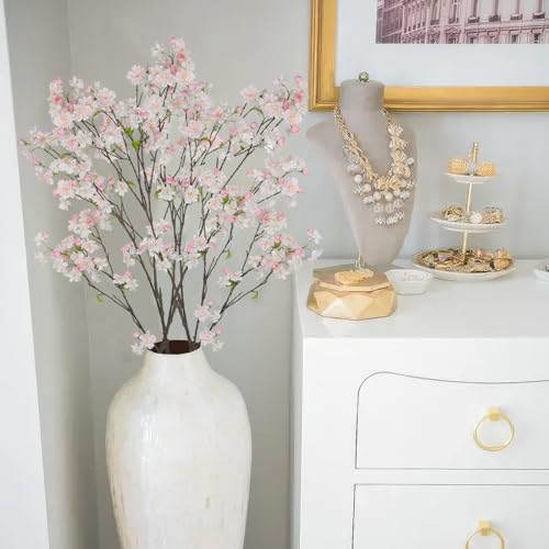 CISDUEO Cherry Blossom Branches Long Stem Artificial Flowers for Tall Vase Silk Flower Bulk White and Pink Plum Blossom Fl...
