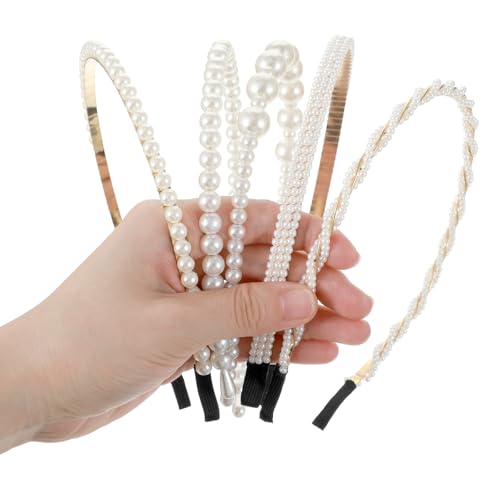 Matwsec 5PCS Pearl Headbands for Women White Pearl Headband for Girls Non Slip Bridal Headband for Wedding Party Pearls Ha...