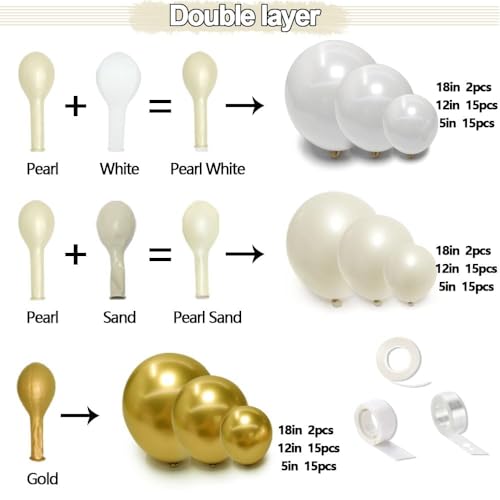 White and Gold Balloon Garland - Double Stuffed Pearl Sand White Gold Balloons Arch Kit 5 12 18 inch for Birthday Graduati...