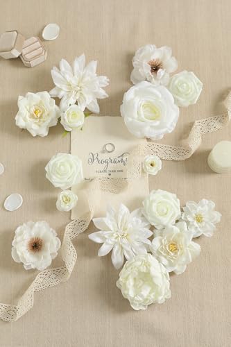 Koroni Flowers Artificial Flowers Combo Box Set White Flowers Silk Fake Roses with Stems for DIY Wedding Bouquets,Floral A...