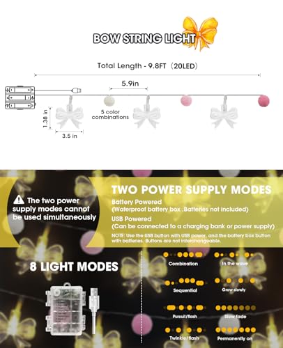 AceList 20 LED Bow String Lights with Pink Balls, USB & Battery Powered Fairy Lights for Bedroom, Bow Decor, Pink Bow Room...
