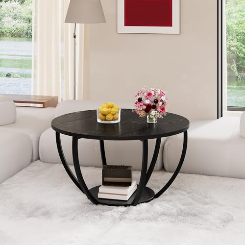 HOMERECOMMEND Round Coffee Table,Wooden 2-Tier Circle Coffee Tables with Storage Shelves,Accent Center Table for Living Ro...