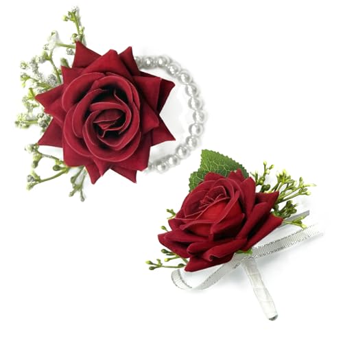Pack of 2 Red Rose Wrist Corsage and Boutonniere Set for Men Women – Artificial Flowers with Pearl Bracelet and Boutonnier...