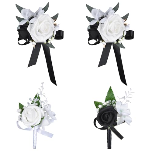 DearHouse Rose Wristband Corsage, Artificial Flowers for Wedding Bridesmaid Hand Flower Decor, 2 Pack (4, Black)