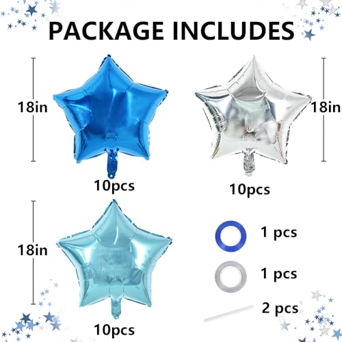 TONIFUL 30Pcs 18 Inch Large Blue Silver Star Shape Foil Balloons Big Stars Helium Mylar Ballons for Birthday Wedding Baby ...