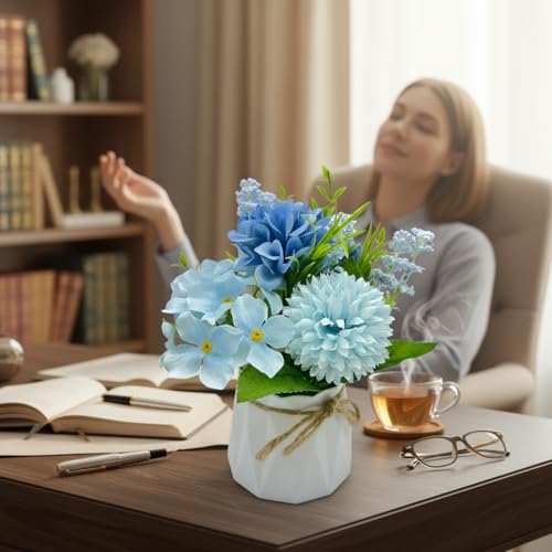 Carfoeny 2 Pcs Blue Hydrangea Artificial Flowers Bathroom Decor Fake Flowers in Small Flower Vases for Centerpieces Floral...
