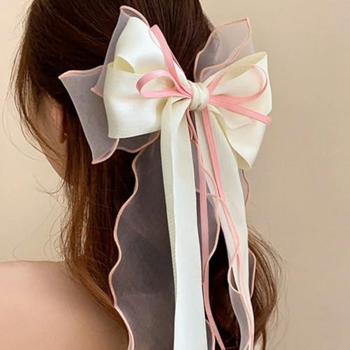 FRUZJAY Large Hair Bows Clips for Women Pink White Hair Bows Elegant Long Tail Bowknot Hairpins Spring Summer Hair Barrett...